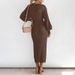 Women’s Elegant Knit Dress – Vintage-Inspired V-Neck Lantern Sleeve Midi Dress (High Waist, Belted Waist, Soft Rayon Blend)_ecoleips.com