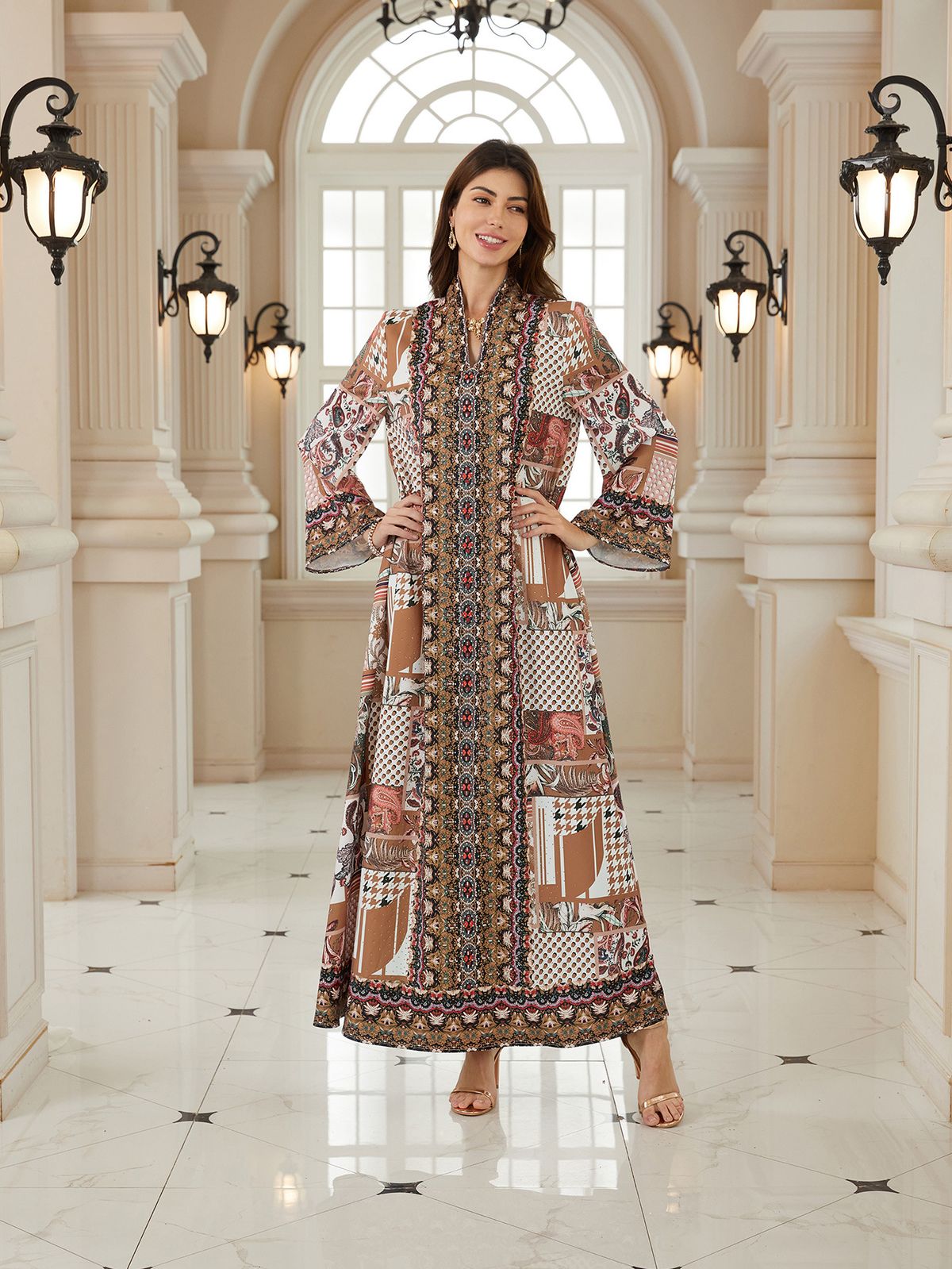 Modest Abaya Dress Ethnic Rhinestone Printed Jalabiya Dress For Women Middle East Dubai Style Muslim Clothing Polyester_ecoleips.com