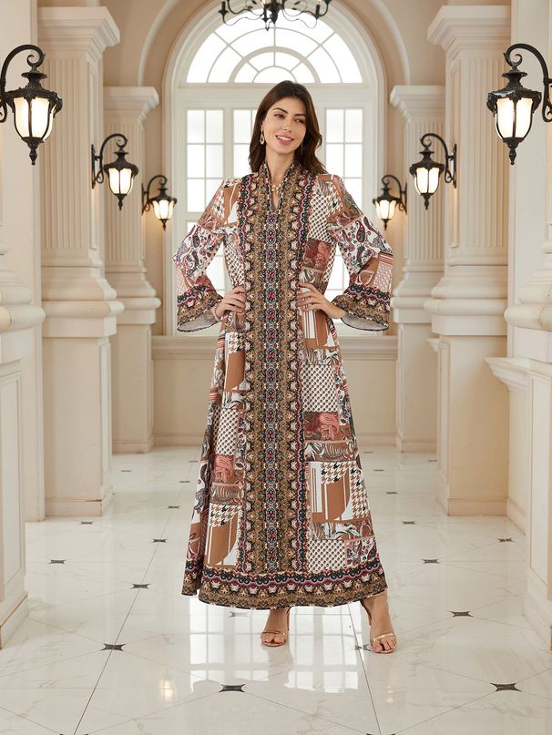Modest Abaya Dress Ethnic Rhinestone Printed Jalabiya Dress For Women Middle East Dubai Style Muslim Clothing Polyester_ecoleips.com