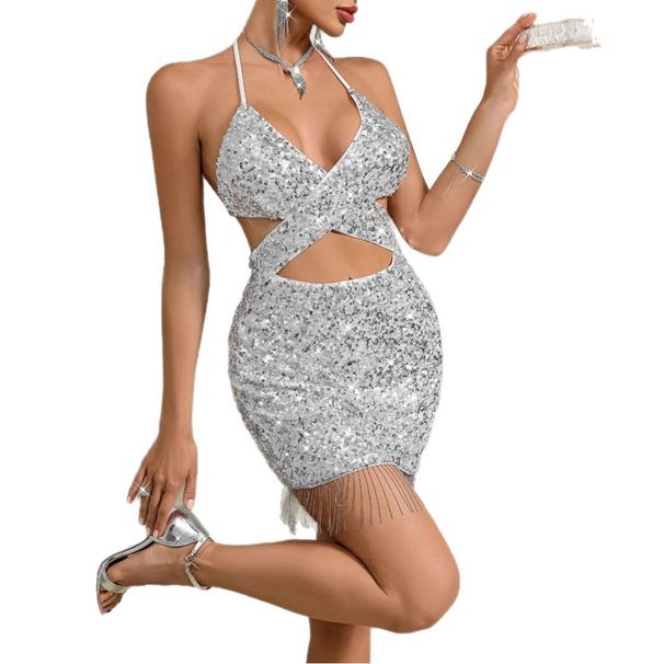 Women's Clothing Halter Neck Backless New Summer Sequined Short Skirt Fashion Tassel Sexy Dress_ecoleips.com