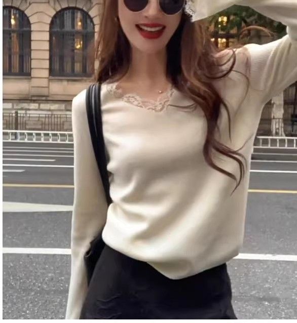 Korean-style Gray Lace V-neck Long-sleeve Knit Sweater For Women, Autumn And Winter, High-end Luxury Sweater, Base Layer_ecoleips.com