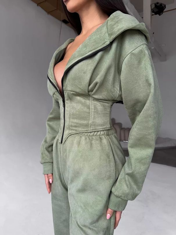 European American Style Autumn Winter Women's Solid Color Waist Cinch Hooded Sweatshirt And Sports Casual Long Pants_ecoleips.com