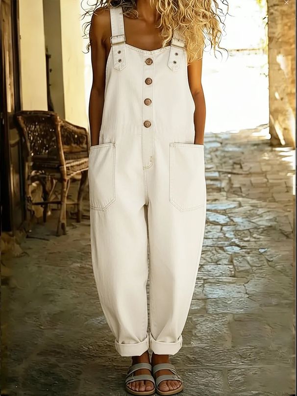 Vintage Distressed Denim Jumpsuit For Women – Relaxed Fit With Adjustable Buckles, Retro Oversized Romper_ecoleips.com