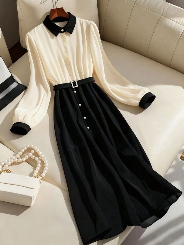 Women's Elegant Long Sleeve Shirt Dress Color Block Tunic Blouse Casual Office Wear Fashion Elegant Dress_ecoleips.com