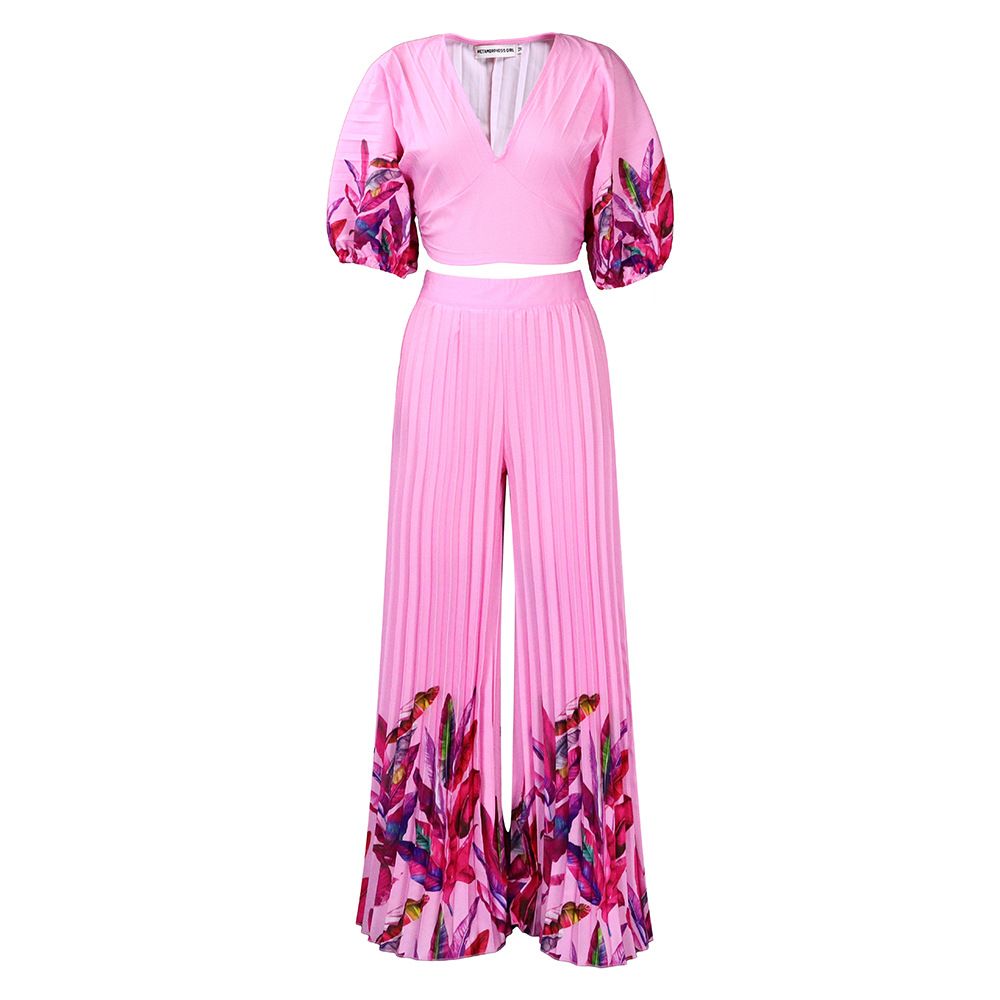 Women's Summer Fashion Set V Neck Printed Top With Wide Leg Pants Casual Two Piece Suit Polyester_ecoleips.com