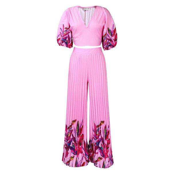 Women's Summer Fashion Set V Neck Printed Top With Wide Leg Pants Casual Two Piece Suit Polyester_ecoleips.com