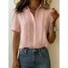 Women's Linen Blend Short Sleeve Shirt, Casual Button Down Shirt With Folded Collar And Relaxed Fit For Summer, Breathable Office Commuter Blouse_ecoleips.com