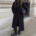 Long V-Neck Double-Breasted Trench Coat, Oversized Polyester Duster Jacket For Work & Casual (Black/Brown, S/M/L)_ecoleips.com
