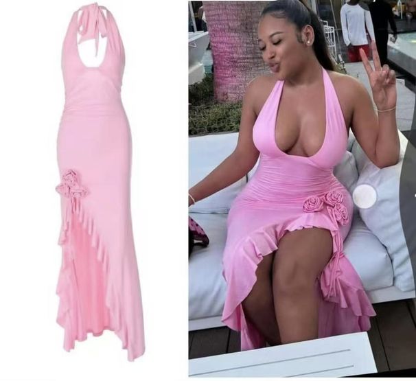 Women's Clothing Flower Decoration Sexy Solid Color Slim High Waist Halter Neck Strap Backless Dress_ecoleips.com