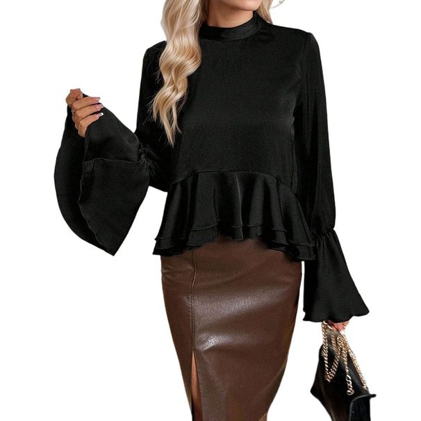 Voya Women's New Spring And Summer Temperament Commuting Ruffle Edge Shirt With Flared Sleeves And Bow Satin Fashionable Top_ecoleips.com