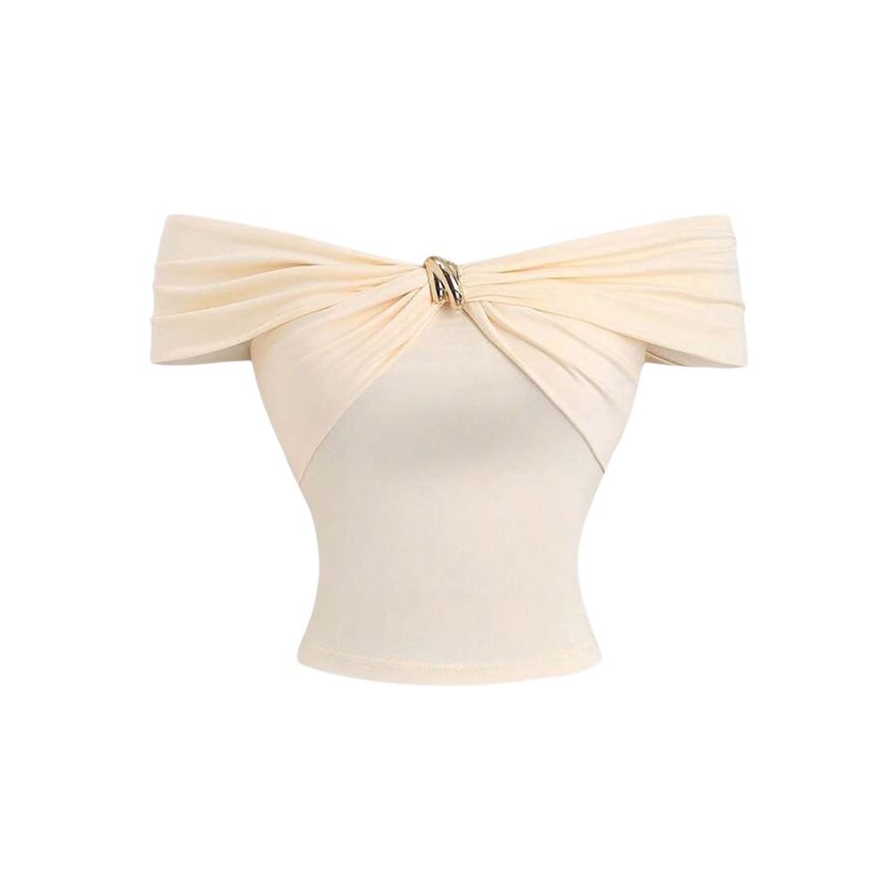 Voya Women's Clothing Niche Off Shoulder Short Sleeved Top In Off The Shoulder Off White Color, Fashion Metal Buckle Slim Fit Cropped Short T-shirt_ecoleips.com