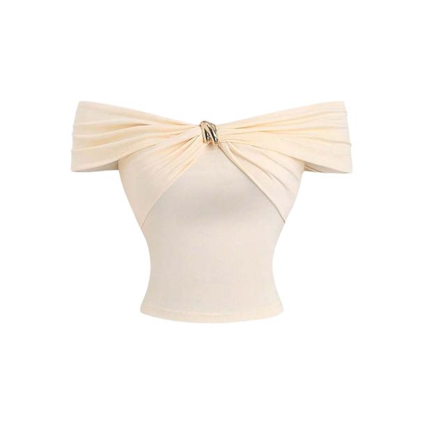 Voya Women's Clothing Niche Off Shoulder Short Sleeved Top In Off The Shoulder Off White Color, Fashion Metal Buckle Slim Fit Cropped Short T-shirt_ecoleips.com