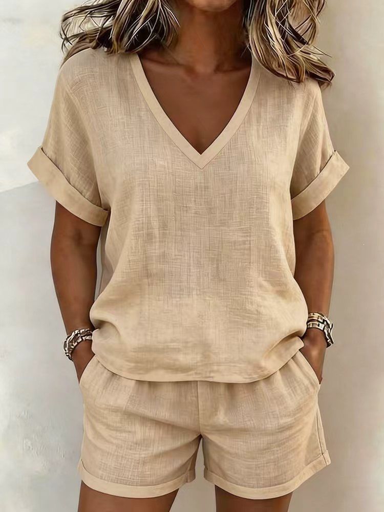 Women's V Neck Short Sleeve Elastic Shorts Set Casual Solid Color Two Piece Clothing American Style New_ecoleips.com