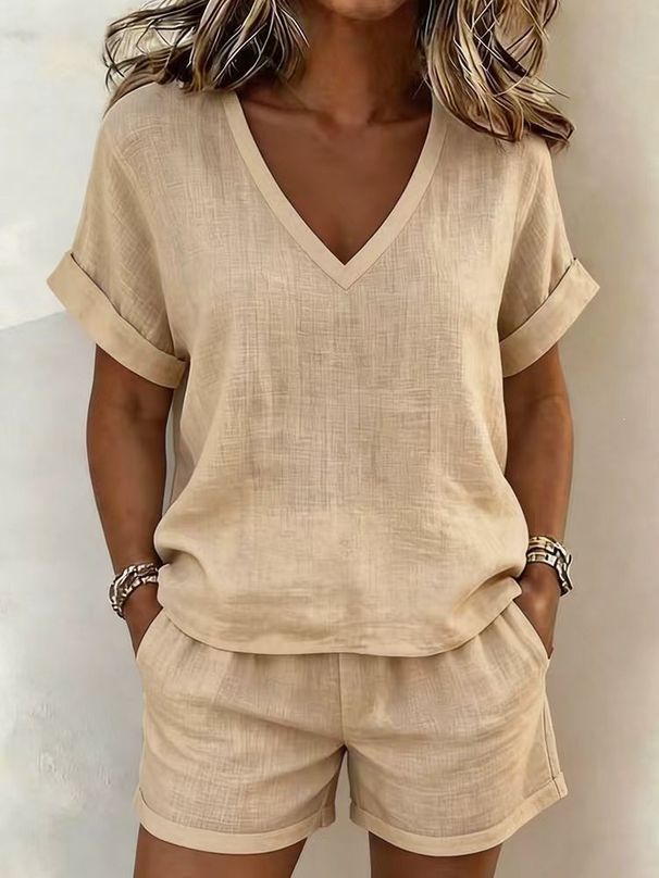 Women's V Neck Short Sleeve Elastic Shorts Set Casual Solid Color Two Piece Clothing American Style New_ecoleips.com