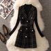Knit Jumper Dress Set – Tweed Pinafore + Mock Neck Sweater (Black/White, S-2XL)_ecoleips.com