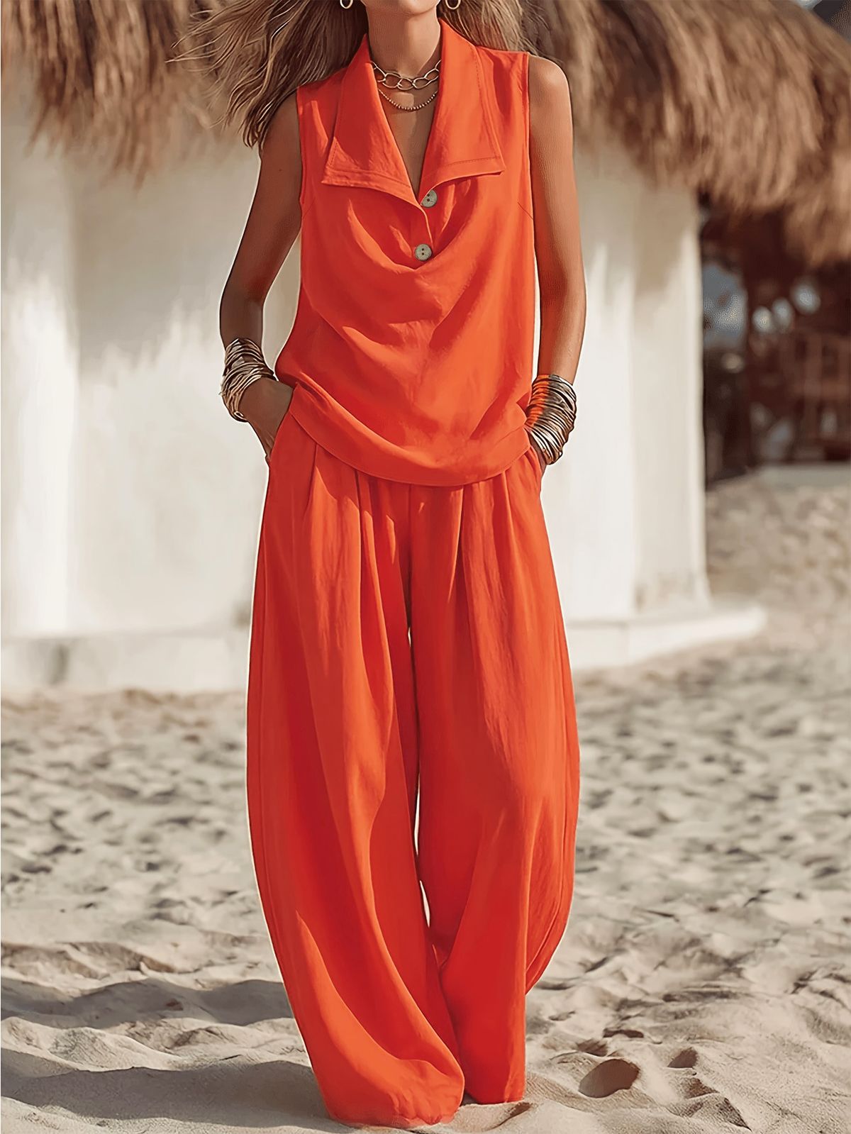 Women's Vacation Two Piece Set Sleeveless Button down Vest High Waisted Pleated Wide Leg Pants Draped Neck Collared_ecoleips.com