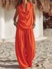 Women's Vacation Two Piece Set Sleeveless Button down Vest High Waisted Pleated Wide Leg Pants Draped Neck Collared_ecoleips.com