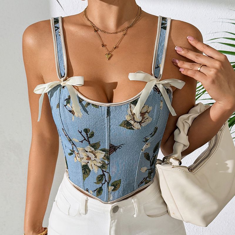 Floral Print Camisole Shapewear For Women French Style Bow Tie Slim Fit Sexy Top Cross Border Hot Selling Bra Tank Top_ecoleips.com