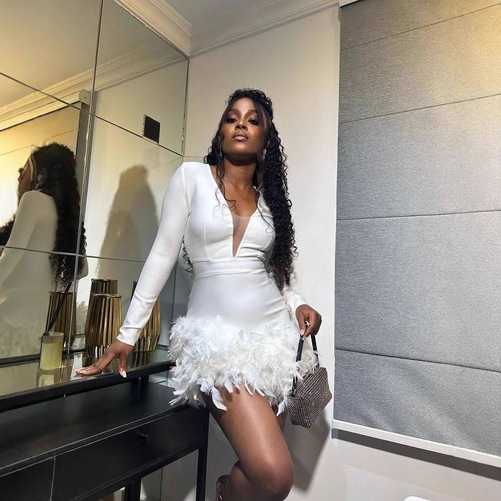 Women's Clothing Spring And Summer New Women's Party Sexy Deep V Hip Feather Splicing Dress_ecoleips.com