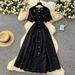 Women's Clothing Summer Retro Heavy Hollow Embroidery Round Neck Waist Short Sleeve Dress Women's Slim Single Breasted Long Skirt_ecoleips.com
