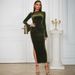 Women’s Velvet Midi Dress – Elegant High-Low Slit, Bell Sleeves, Banquet & Party Wear (Army Green/Dark Green/Black, Sizes S-XL)_ecoleips.com