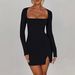 WG019 Hot-Selling European And American Sexy Fashion Square Neck Tight-Fitting Long Sleeve Bodycon Slit Dress For Women_ecoleips.com