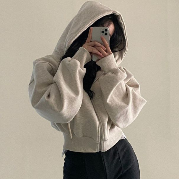 Women's Slim Fit Fleece Hooded Zip-Up Sweatshirt - Stylish Short-Length Pullover For Spring & Autumn - Solid Colors_ecoleips.com