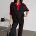Women's Clothing Fashion New Contrast Color Suit Color Matching Polo Shirt Short Sleeved Top Lace Up Striped Trousers Two Piece Suit_ecoleips.com