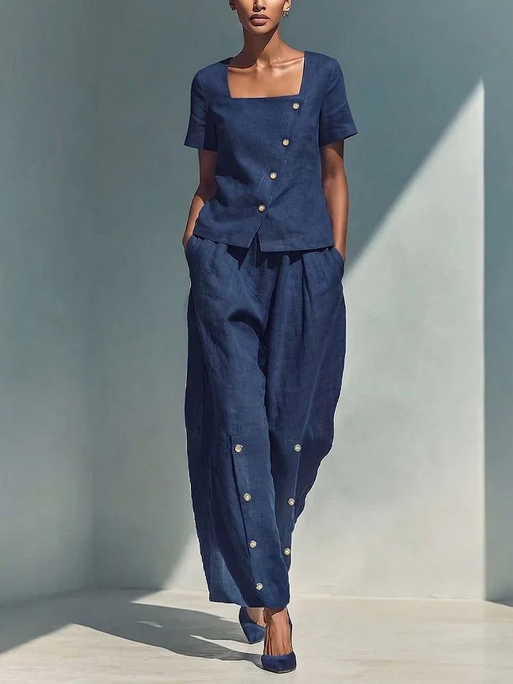 Women's Clothing Women's Elegant Two Piece Set Fashion Solid Color Cotton Linen Loose Short Sleeve Top High Waisted Trousers_ecoleips.com