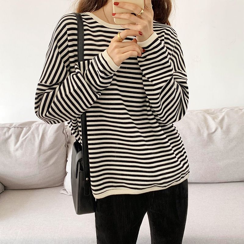 Pullover Sweater Women's Coat Spring And Autumn Thin Casual Striped Round Neck Loose Long Sleeve Large Size Women's Clot_ecoleips.com