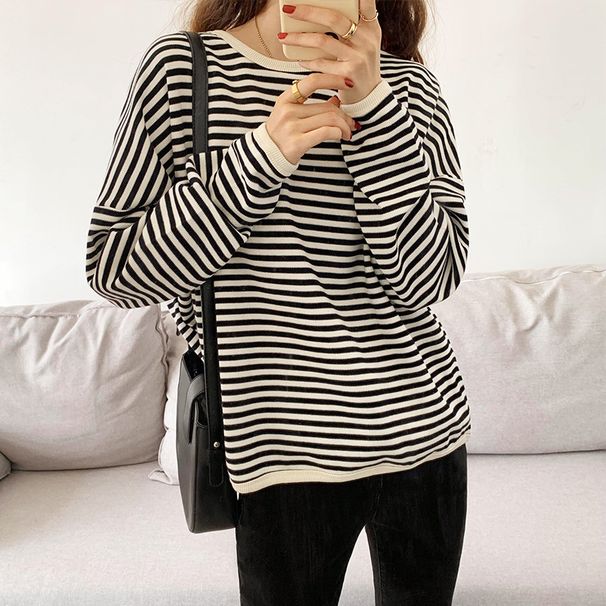 Pullover Sweater Women's Coat Spring And Autumn Thin Casual Striped Round Neck Loose Long Sleeve Large Size Women's Clot_ecoleips.com