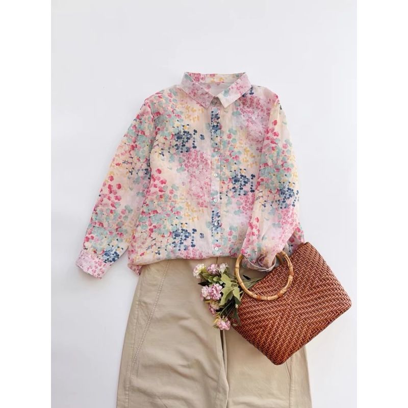 Women's Macaron Color Floral Print Shirt, Loose Fit Charming Blouse With Soft Pastel Pattern_ecoleips.com