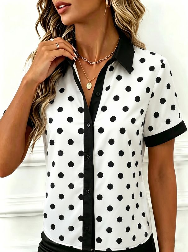 Color Block Placket Short Sleeve Shirt Women's Polka Dot Striped Summer Top Relaxed Everyday Wear Comfortable Feshion_ecoleips.com