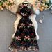 Women's Clothing Niche Hepburn Style Skirt New Contrast Color Bow Tie Collar Short Sleeve Slim Embroidered Flower Dress_ecoleips.com