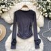 Women's Clothing long sleeved round neck T shirt for women in autumn with three dimensional flowers, pleated slim fit design, bottoming shirt top_ecoleips.com