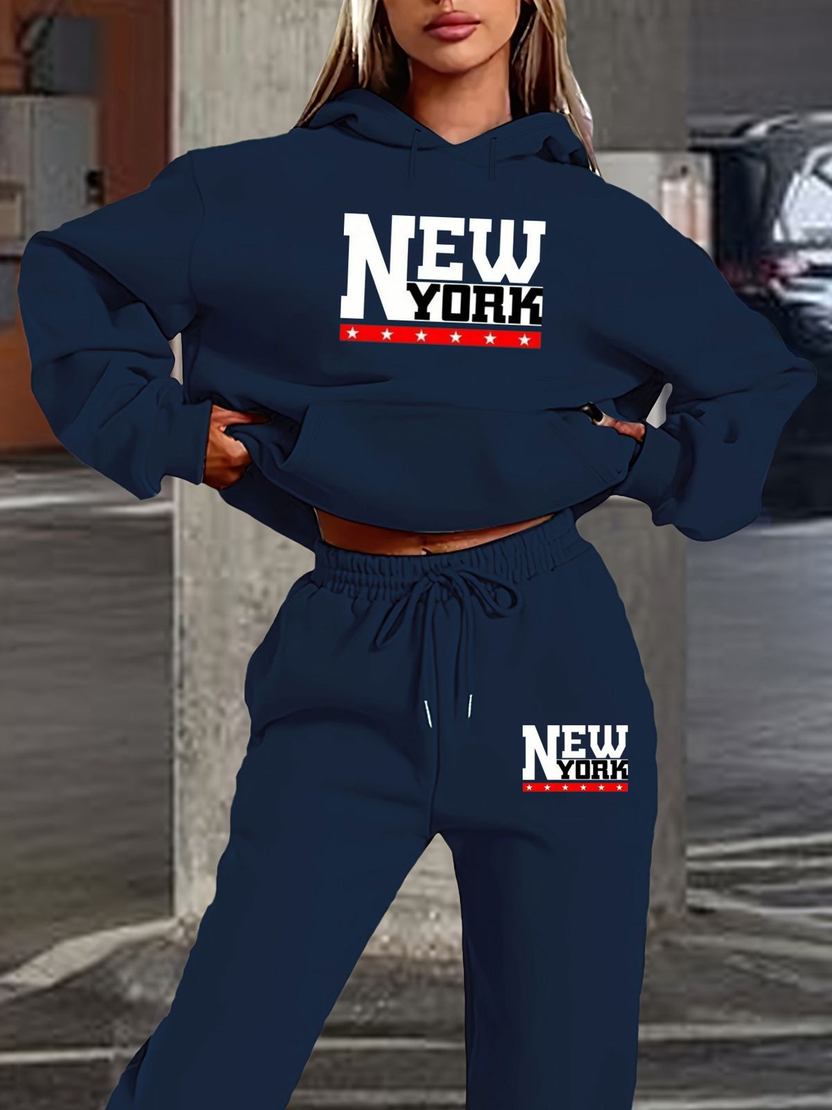 Women's Autumn And Winter Casual Fashion NEW YORK Letter Pattern Printed Thick Fleece Warm Hooded Sweatshirt+sports Pants Set-746_ecoleips.com