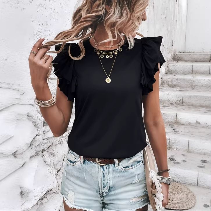 Women's Ruffled Sleeveless Crew Neck Top Solid Color Casual T-Shirt For Spring Summer Autumn Comfortable Breathable Loose Fit T-Shirt_ecoleips.com
