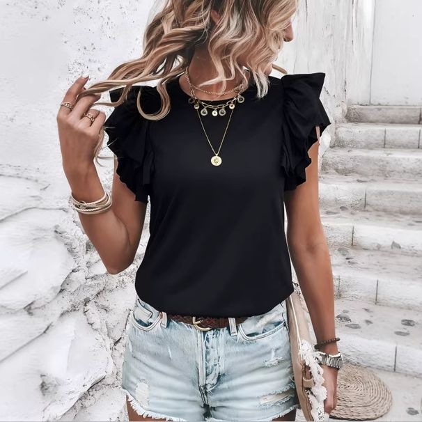 Women's Ruffled Sleeveless Crew Neck Top Solid Color Casual T-Shirt For Spring Summer Autumn Comfortable Breathable Loose Fit T-Shirt_ecoleips.com
