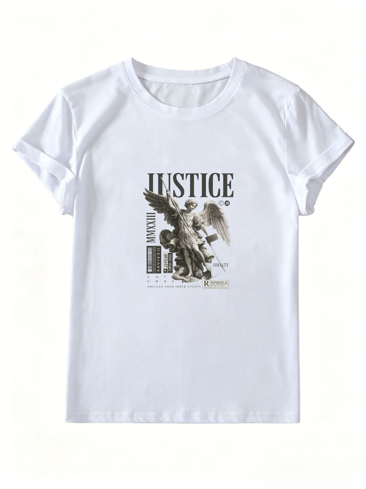 Vintage Justice Angel Statue Text Collage Graphic Women Tee, Classical Sculpture Print Crew Neck Daily Casual Streetwear Top_ecoleips.com