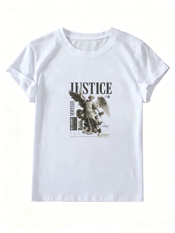 Vintage Justice Angel Statue Text Collage Graphic Women Tee, Classical Sculpture Print Crew Neck Daily Casual Streetwear Top_ecoleips.com