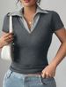 2026 Curvy Contrast Collar Short Sleeve T-Shirt, Spliced Shirt Neck High Stretch Slim Fit Casual Summer Top_ecoleips.com