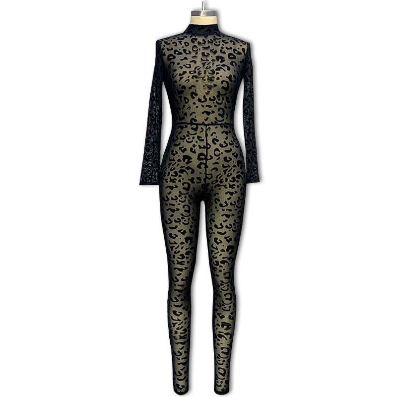 Women's Clothing jumpsuits Slim long-sleeved sexy flocked see-through slimming jumpsuits (girdle not included)_ecoleips.com