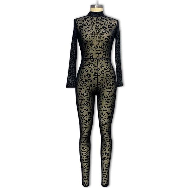 Women's Clothing jumpsuits Slim long-sleeved sexy flocked see-through slimming jumpsuits (girdle not included)_ecoleips.com