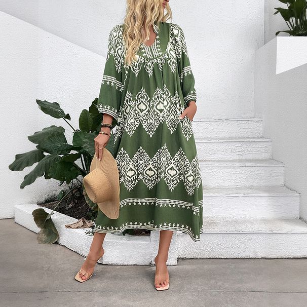 Women's Clothing Leisure Vacation PersonalityEthnic Style Geometric Print Loose Dress_ecoleips.com