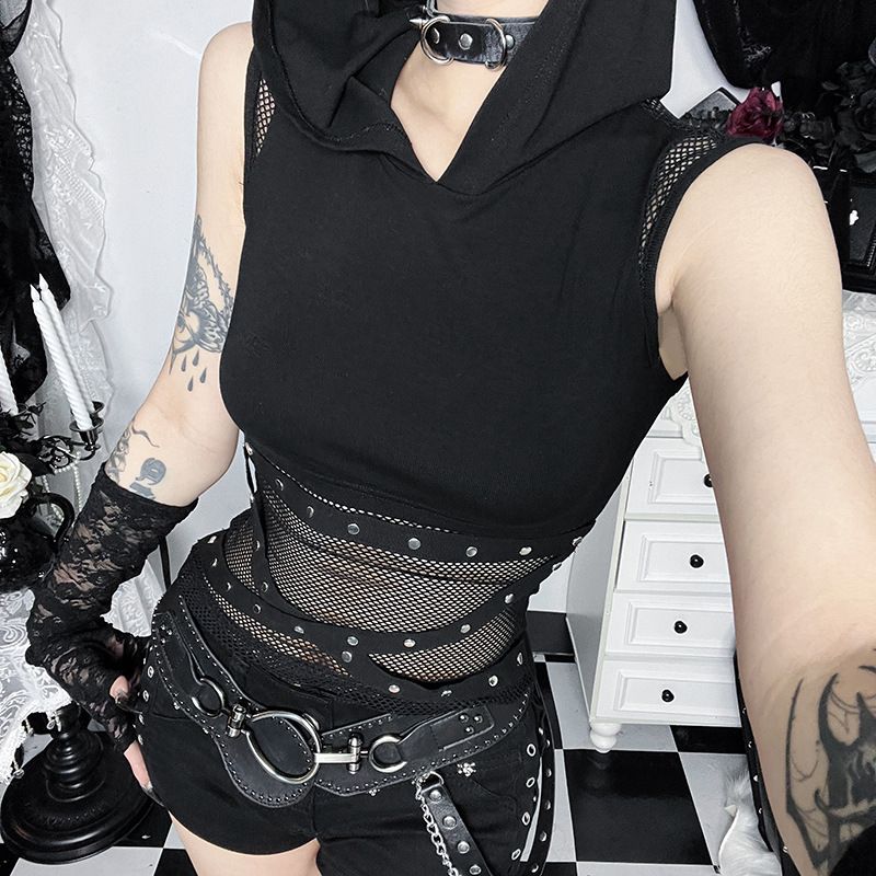 Subculture Gothic Mesh Patchwork Top Women's Dark Versatile Comfortable Unique Vest New Summer Style XS26095_ecoleips.com