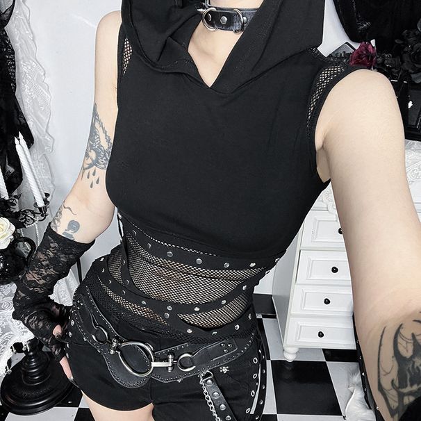 Subculture Gothic Mesh Patchwork Top Women's Dark Versatile Comfortable Unique Vest New Summer Style XS26095_ecoleips.com