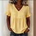 Women's Clothing Summer New Style Pleated Loose V Neck Bell Sleeve Shirt Solid Color Fashionable Design_ecoleips.com