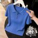 Blue Collared Knit Top For Women – Slim Fit Short Sleeve Shirt, Chic & Youthful Casual Wear_ecoleips.com