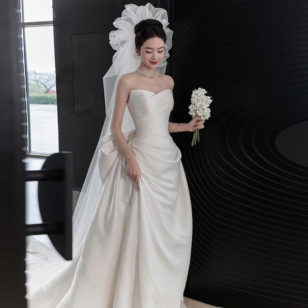 Women's Clothing Light Wedding Dress Bride Simple Satin Tube Top High End Small Trailing Main Yarn Welcoming Out Yarn White Dress_ecoleips.com
