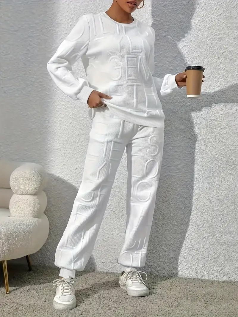 Women's Clothing Spring And Autumn Winter Casual Loose White Letter Jacquard Round Neck Long Sleeved Sweatshirt_ecoleips.com